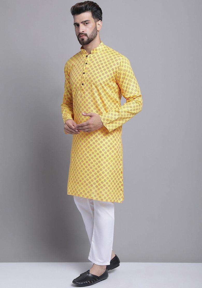 Yellow Printed Cotton Kurta Set For Men - Indya