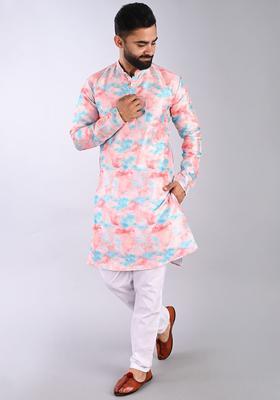 Pink Printed Cotton Kurta Set For Men