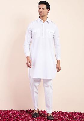 White Solid Cotton Kurta Set For Men