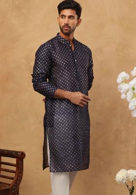 Navy Blue Printed Silk Kurta Set For Men