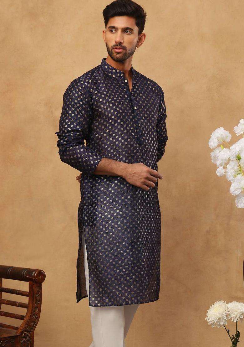 Navy Blue Printed Silk Kurta Set For Men - Indya