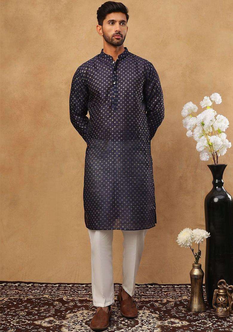 Navy Blue Printed Silk Kurta Set For Men - Indya