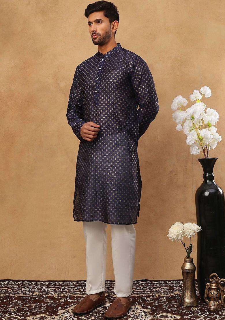 Navy Blue Printed Silk Kurta Set For Men - Indya