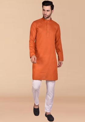 Orange Solid Cotton Kurta Set For Men
