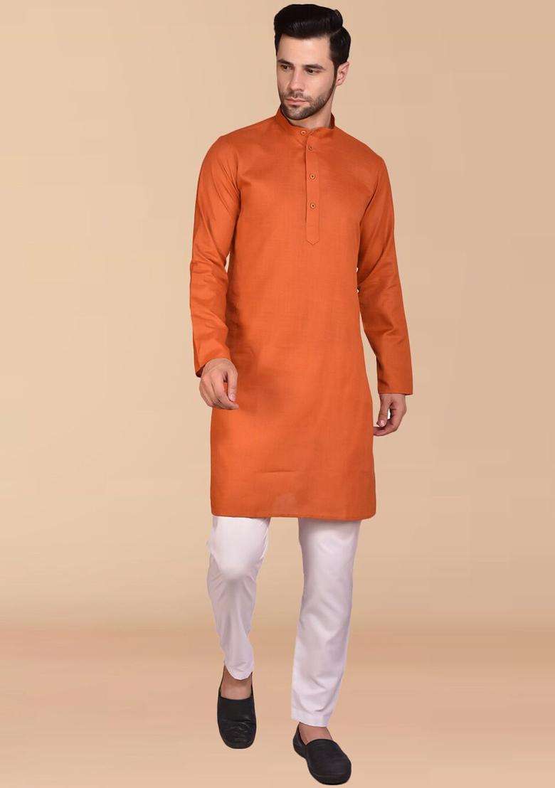 Orange Solid Cotton Kurta Set For Men - Indya