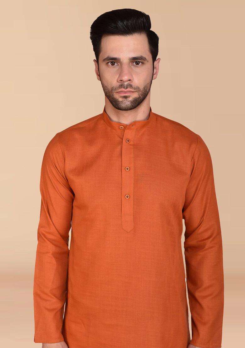 Orange Solid Cotton Kurta Set For Men - Indya