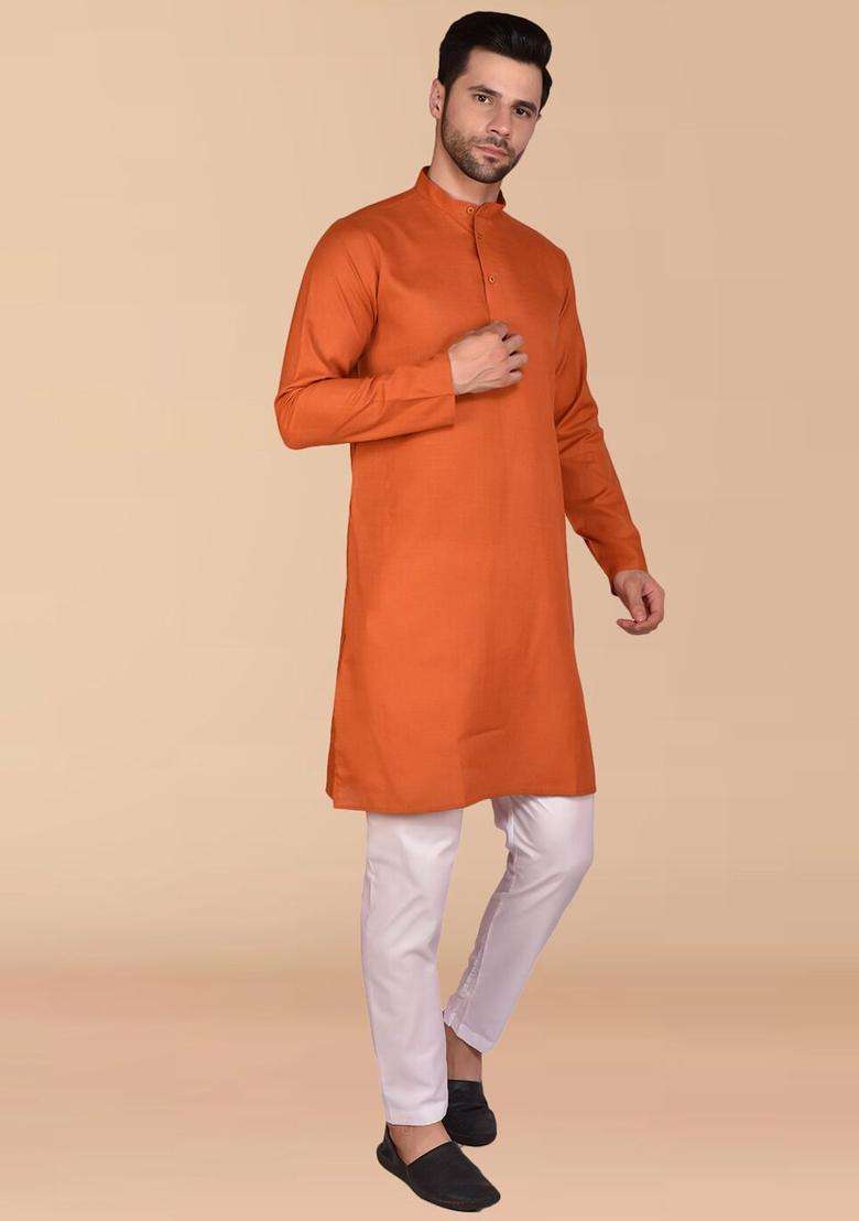 Orange Solid Cotton Kurta Set For Men - Indya