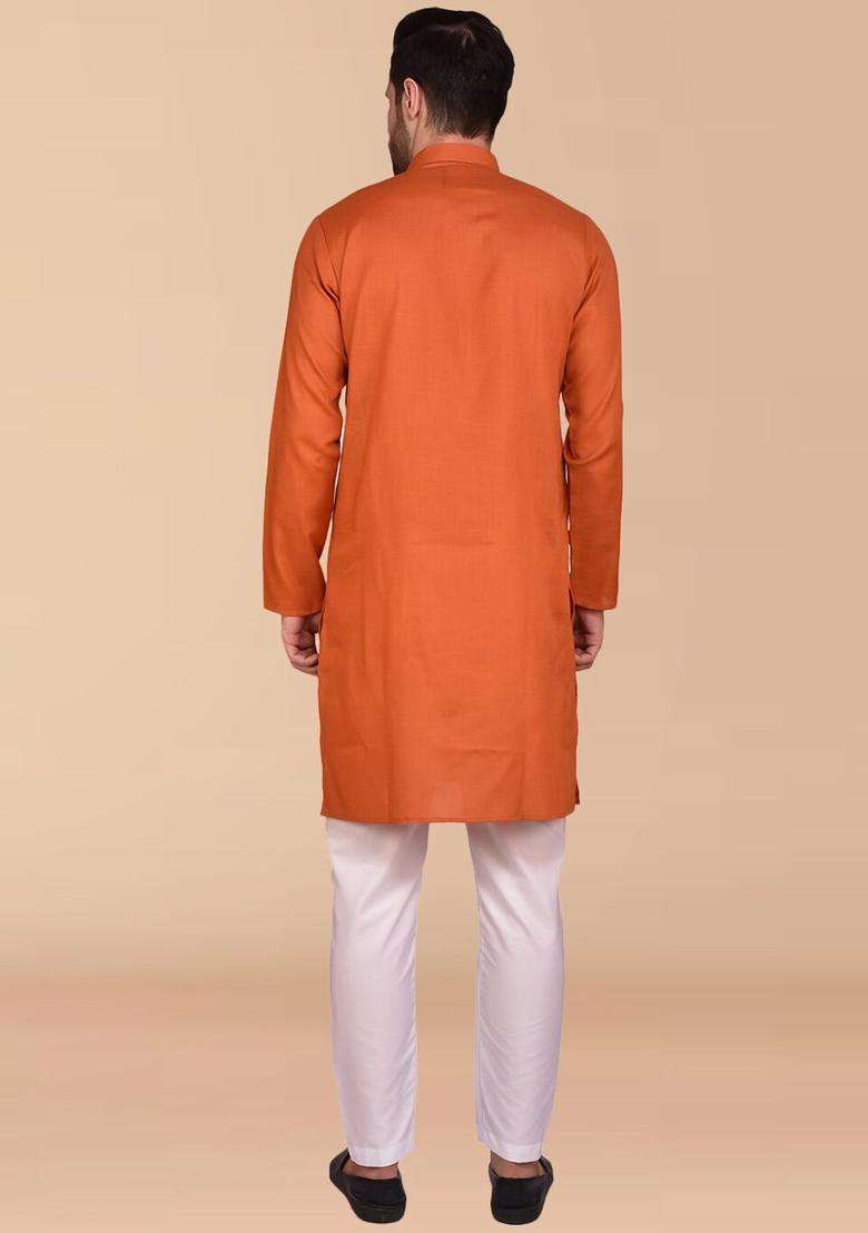 Orange Solid Cotton Kurta Set For Men - Indya
