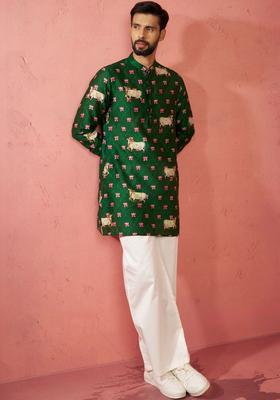 Green Printed Silk Kurta Set For Men