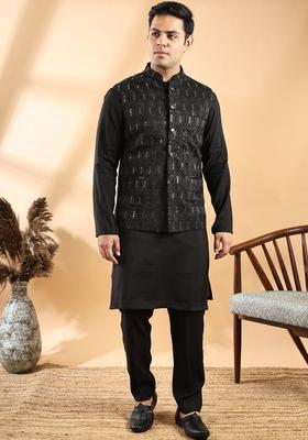 Black Solid Silk Kurta Set For Men
