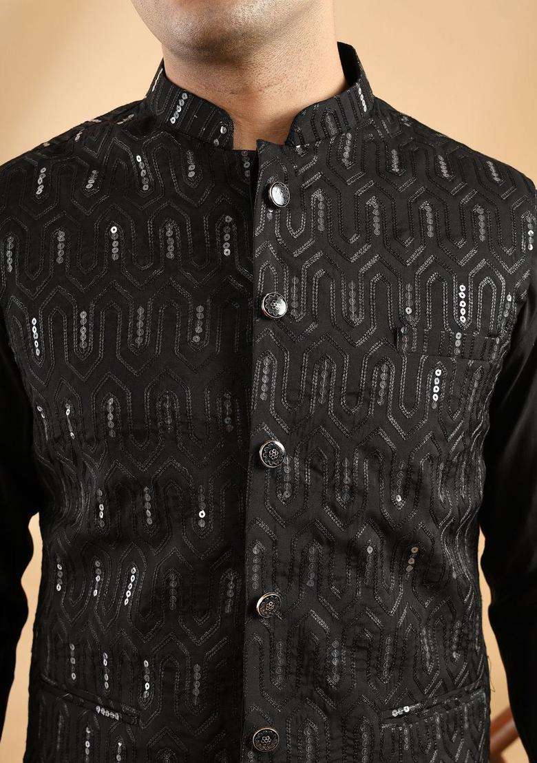 Black Solid Silk Blend Kurta Set For Men - Indya