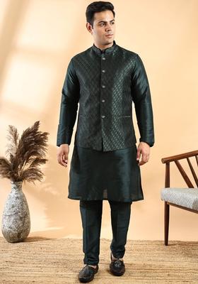 Green Solid Silk Kurta Set For Men