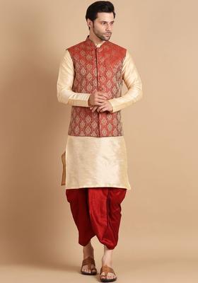 Cream Solid Silk Blend Kurta Set For Men