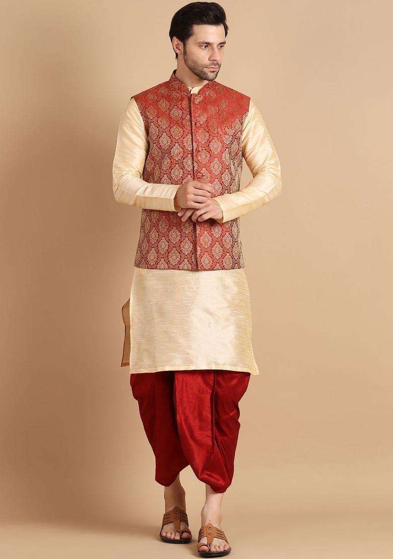 Cream Solid Silk Blend Kurta Set For Men - Indya