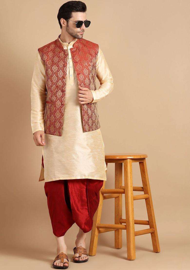 Cream Solid Silk Blend Kurta Set For Men - Indya