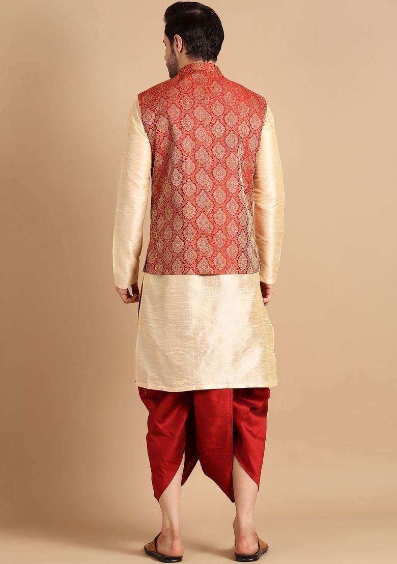 Cream Solid Silk Blend Kurta Set For Men - Indya