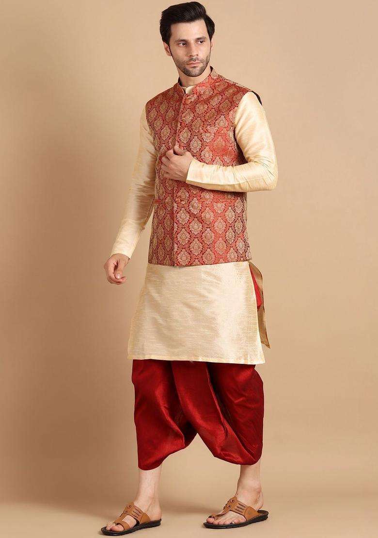 Cream Solid Silk Blend Kurta Set For Men - Indya