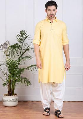 Yellow Solid Cotton Kurta Set For Men