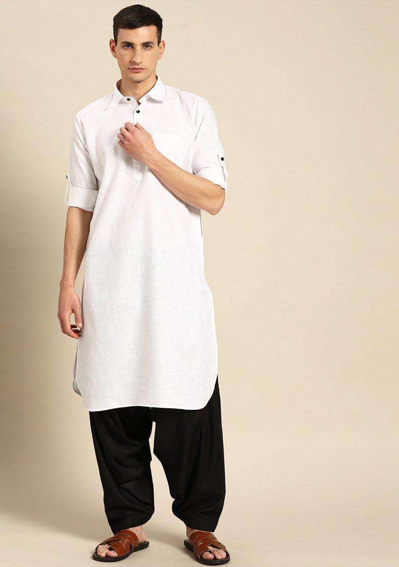 White Self Design Cotton Kurta Set For Men - Indya