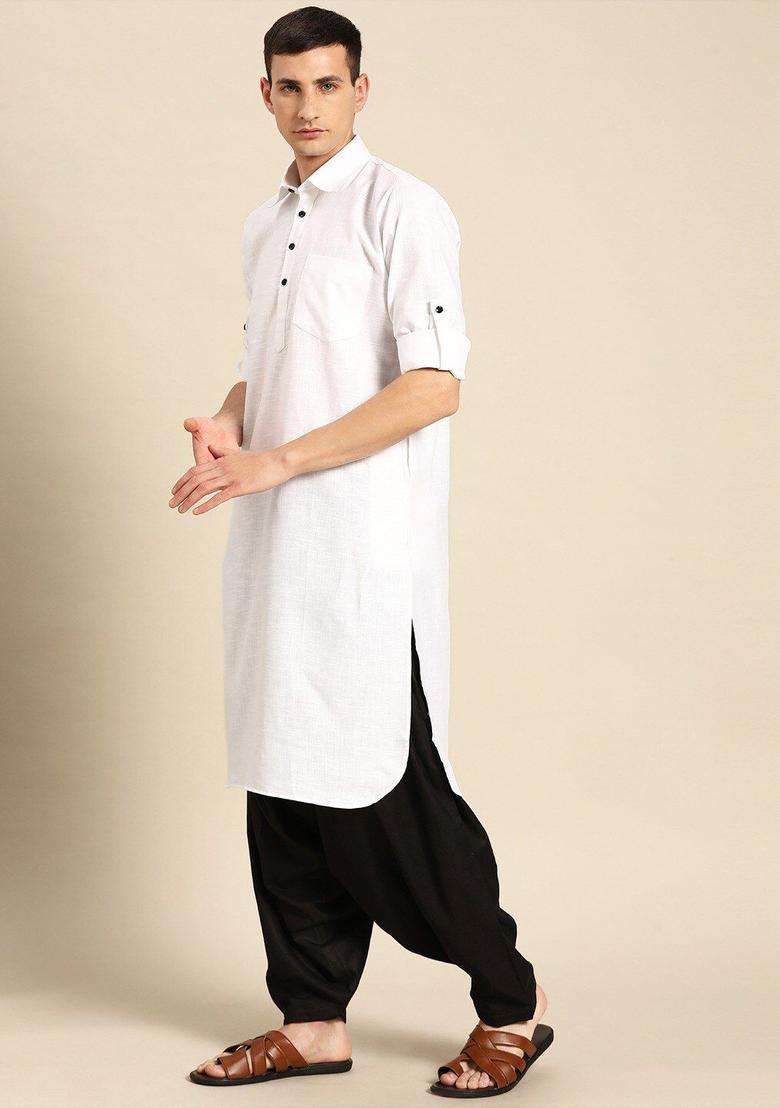 White Self Design Cotton Kurta Set For Men - Indya