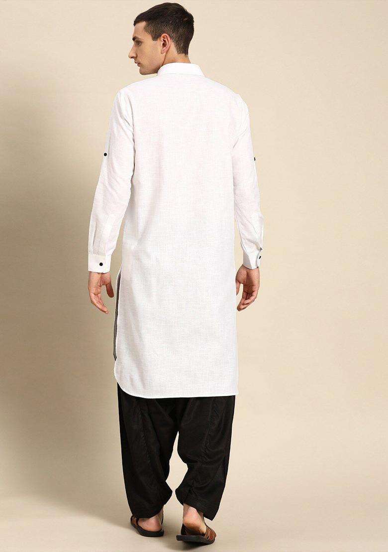 White Self Design Cotton Kurta Set For Men - Indya