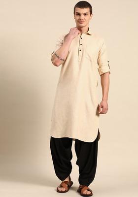 Beige Solid Cotton Kurta Set For Men