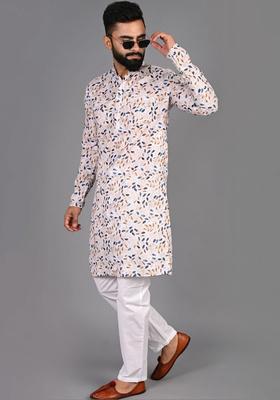 White Printed Cotton Kurta Set For Men