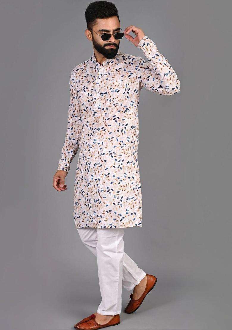White Printed Cotton Kurta Set For Men - Indya