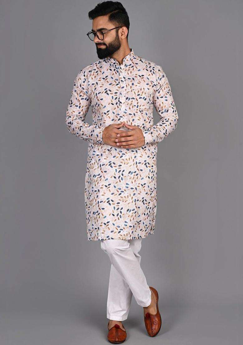 White Printed Cotton Kurta Set For Men - Indya