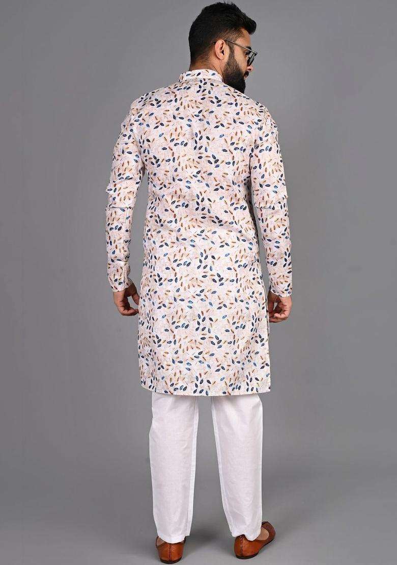 White Printed Cotton Kurta Set For Men - Indya