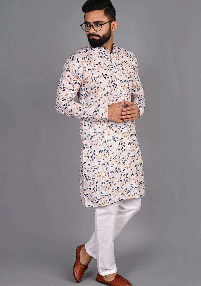 White Printed Cotton Kurta Set For Men - Indya
