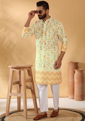 Yellow Embroidered Cotton Kurta Set For Men