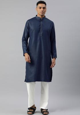 Blue Woven Design Viscose Kurta Set For Men