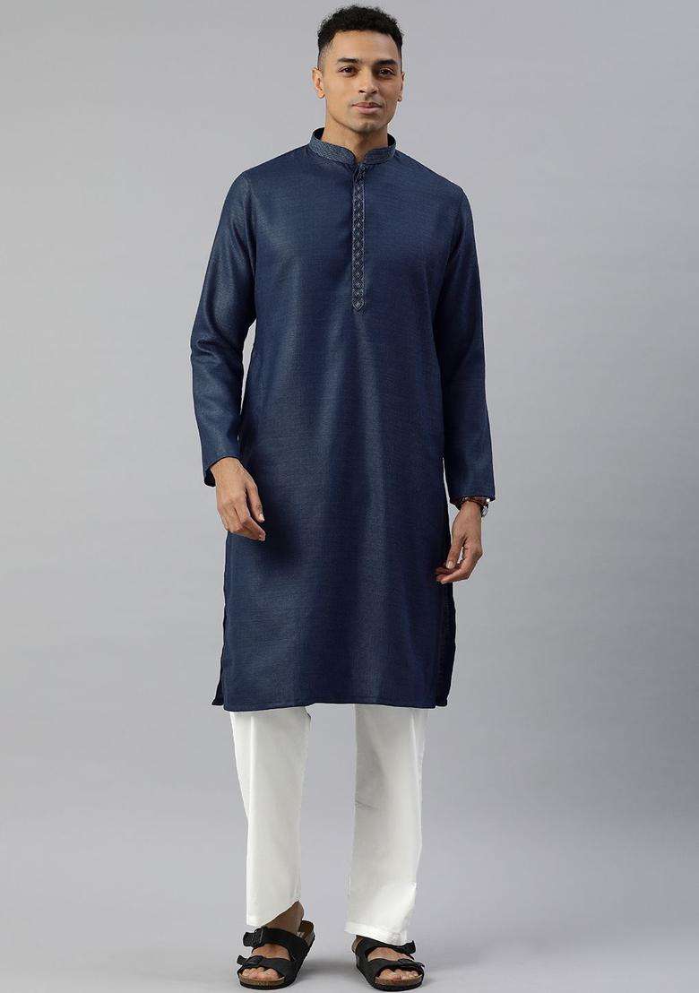 Blue Woven Design Viscose Kurta Set For Men - Indya