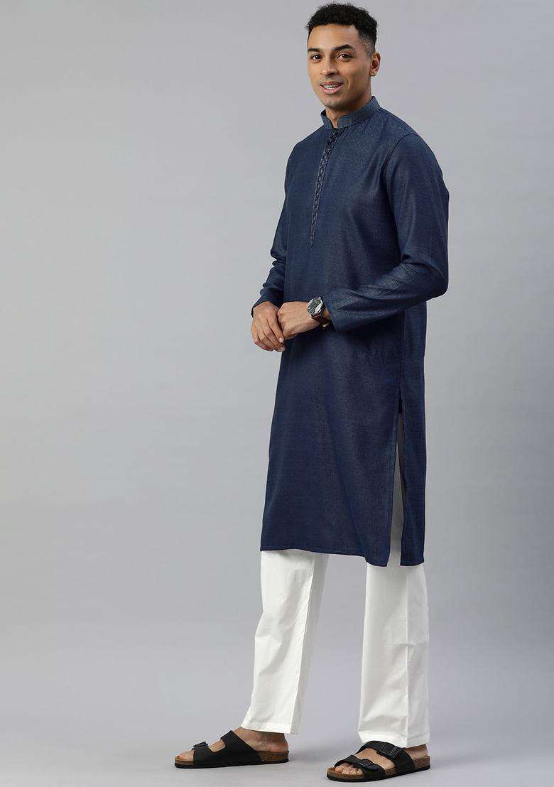 Blue Woven Design Viscose Kurta Set For Men - Indya