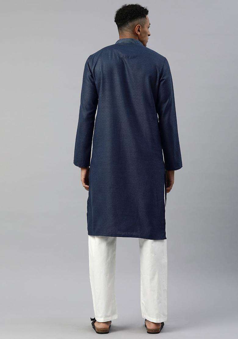 Blue Woven Design Viscose Kurta Set For Men - Indya