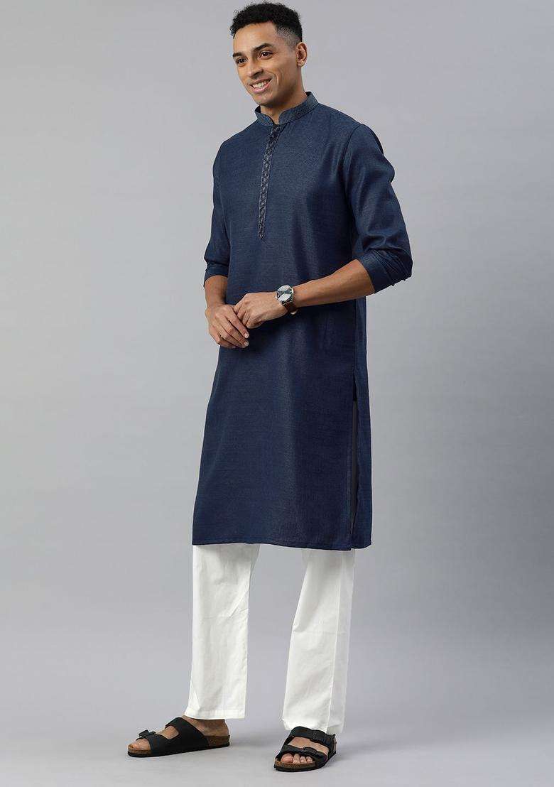 Blue Woven Design Viscose Kurta Set For Men - Indya