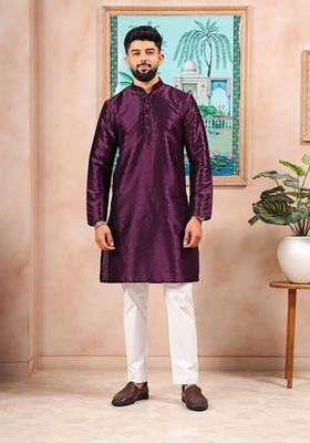 Purple Woven Design Silk Kurta Set For Men