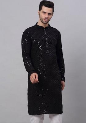 Black Embroidered Polyester Kurta Set For Men