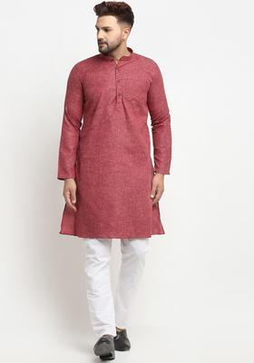 Maroon Self Design Cotton Kurta Set For Men