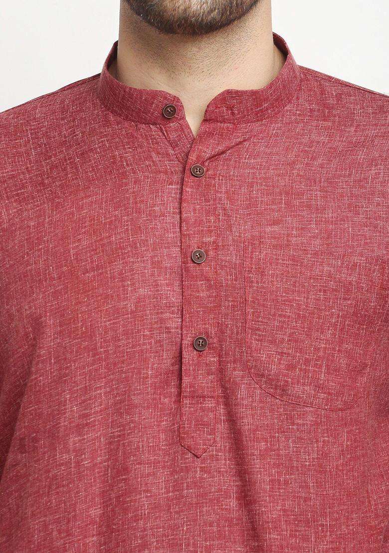 Maroon Self Design Cotton Kurta Set For Men - Indya