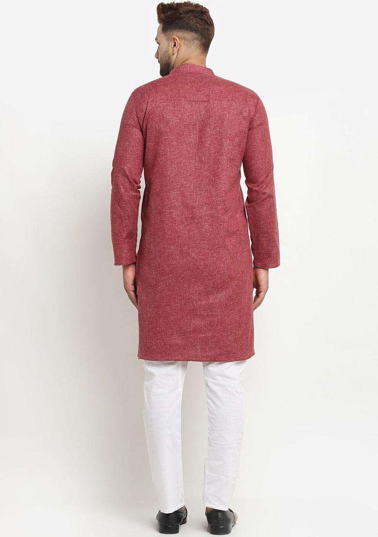 Maroon Self Design Cotton Kurta Set For Men - Indya