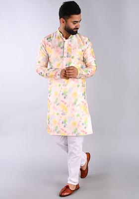 Peach Printed Cotton Kurta Set For Men