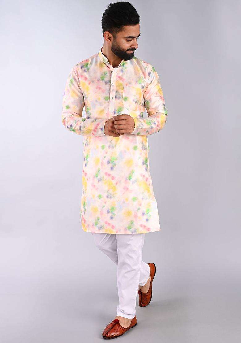 Peach Printed Cotton Kurta Set For Men - Indya