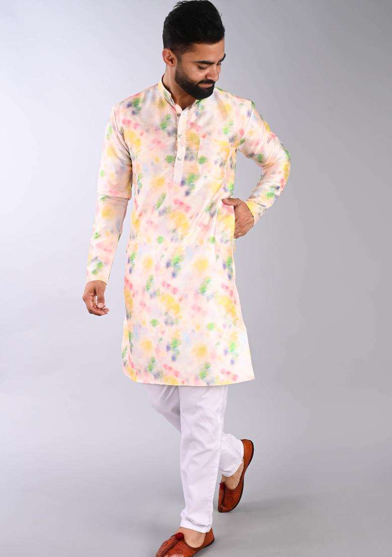 Peach Printed Cotton Kurta Set For Men - Indya