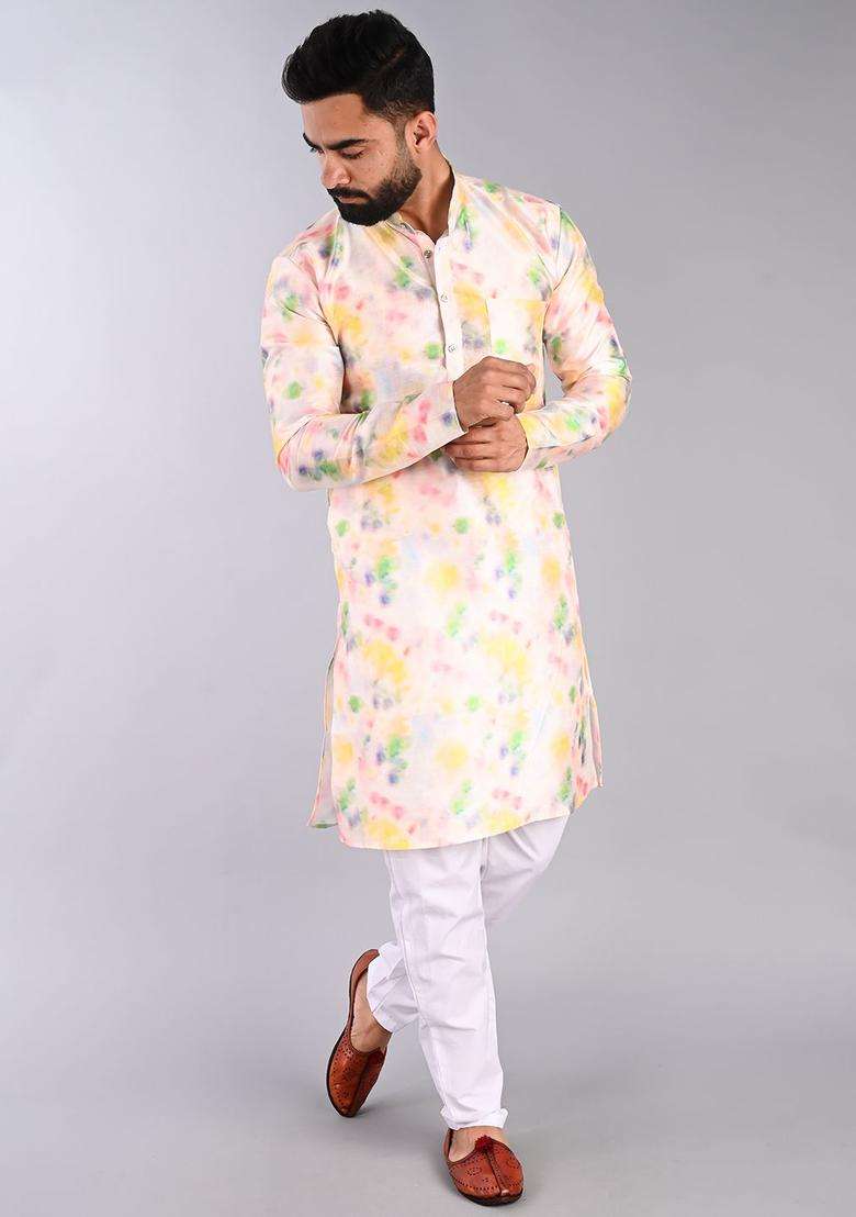 Peach Printed Cotton Kurta Set For Men - Indya