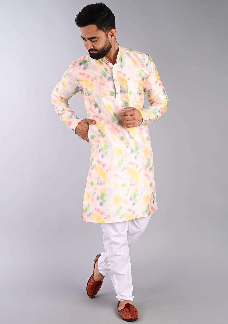 Peach Printed Cotton Kurta Set For Men - Indya