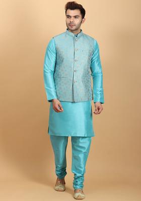Turquoise Blue Solid Silk Kurta Set For Men