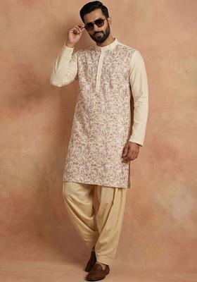 Cream Embroidered Polyester Kurta Set For Men