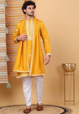 Yellow Embroidered Silk Kurta Set For Men